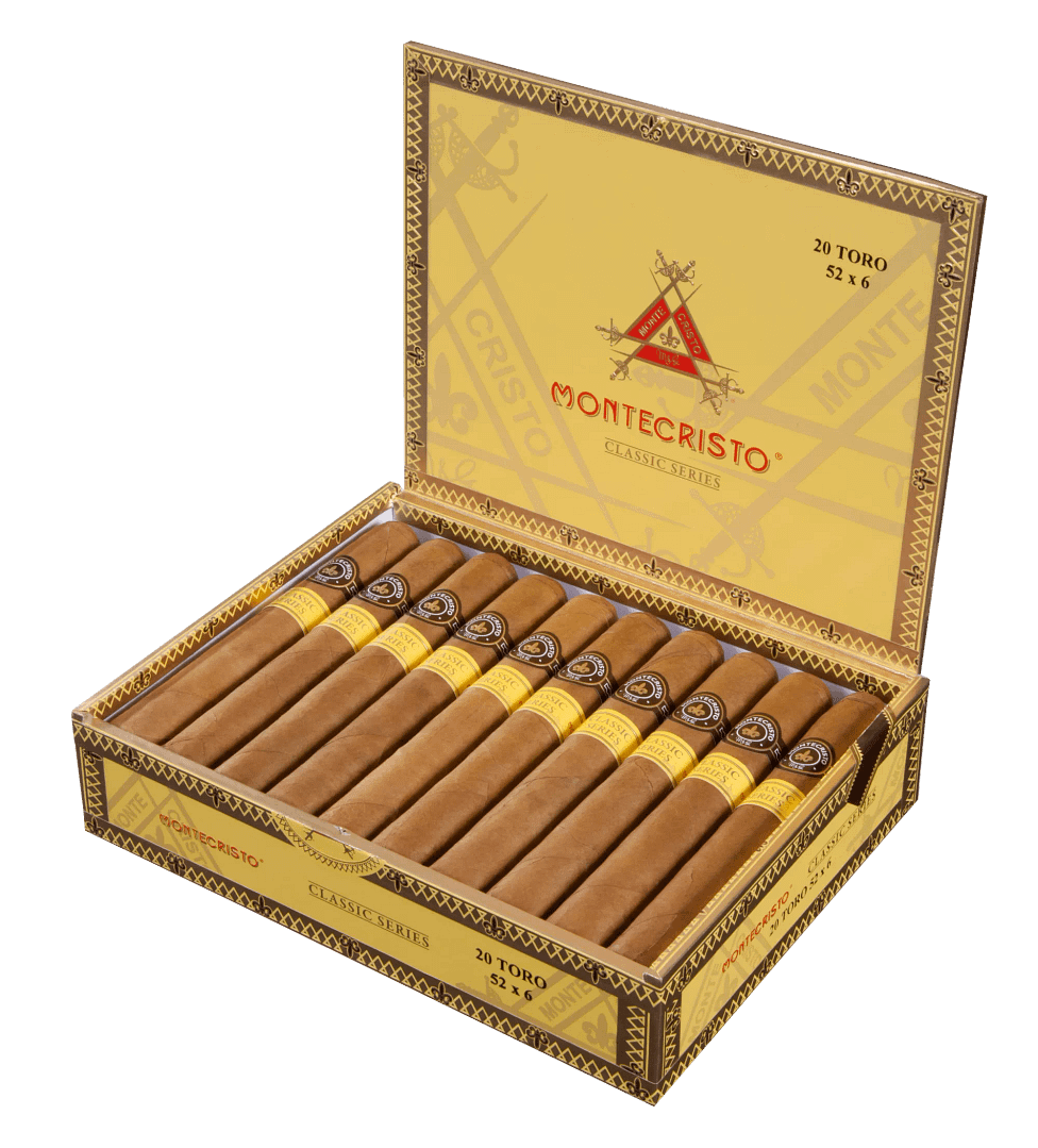 Open box of Montecristo Classic Series cigars featuring smooth Connecticut Shade wrappers and elegant gold branding.