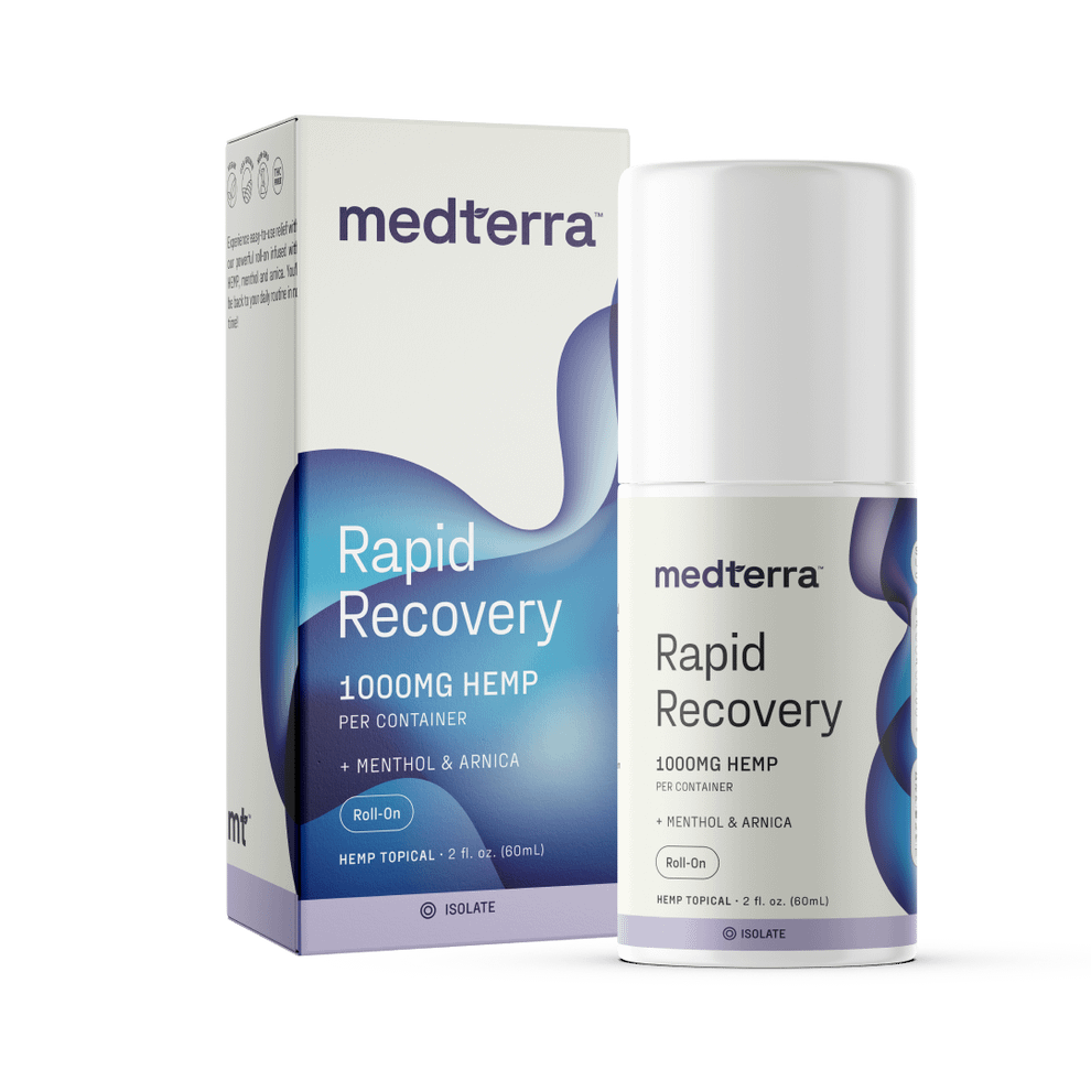 Medterra Rapid Recovery CBD Roll-On with 1000 mg of CBD in a convenient tube for targeted relief of sore muscles and joints.