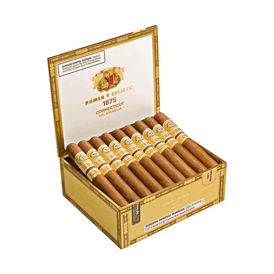 Open box of Romeo y Julieta 1875 Connecticut Nicaragua cigars featuring golden wrappers and red-and-white bands.