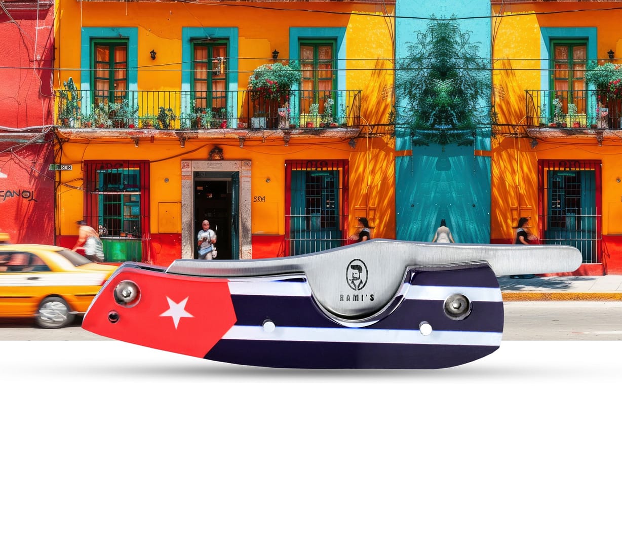Rami’s Havana Edge Cigar Knife with Cuban-themed handle, folded and displayed in front of a colorful Cuban street building