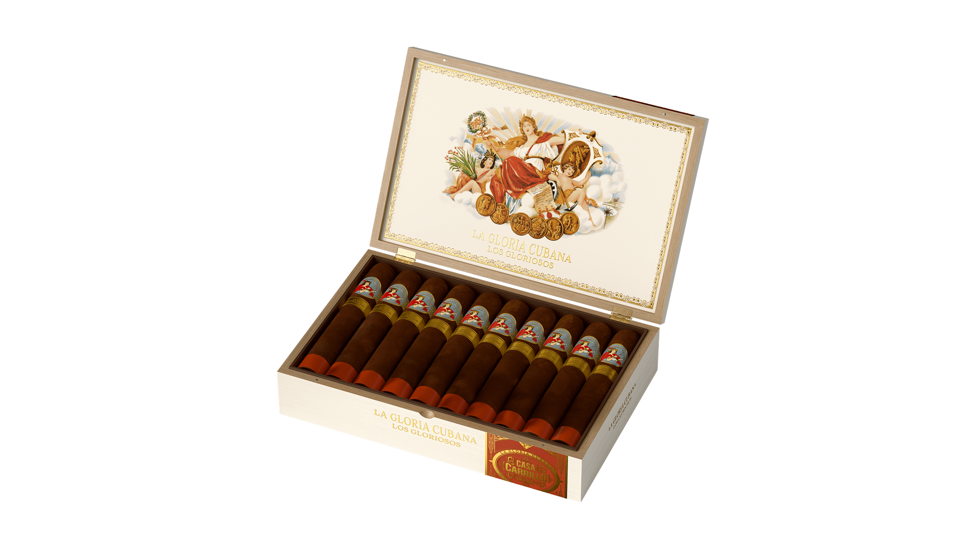 La Gloria Cubana Los Gloriosos cigar with ornate band and rich brown wrapper, displayed on a wooden surface.