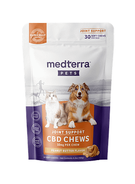 Bag of 30 Medterra Pet Hemp Joint Support Chews, with natural ingredients and CBD for supporting pet joint health.