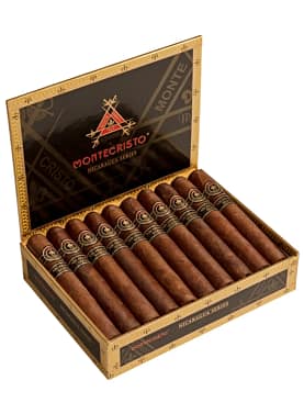 Open box of Montecristo Nicaragua Series cigars featuring dark Habano wrappers and bold, striking red and gold branding.