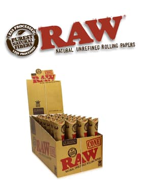 Display of 32 RAW Classic King Size Cones upright in branded box packaging.