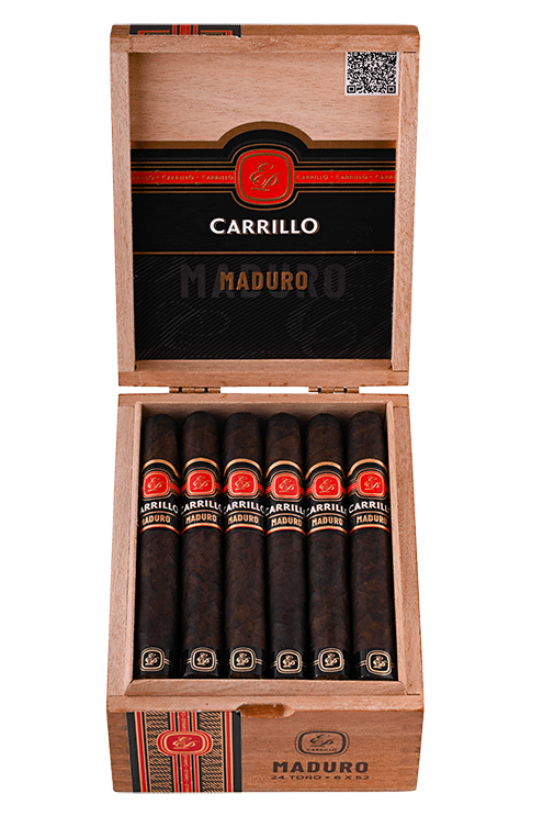 Open box of E.P. Carrillo Maduro cigars with dark, oily wrappers