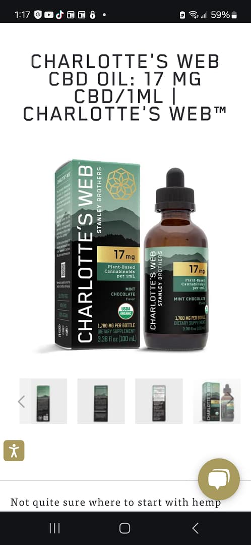 Charlotte’s Web 17MG CBD Oil bottle with branded packaging in the background, highlighting everyday wellness support.