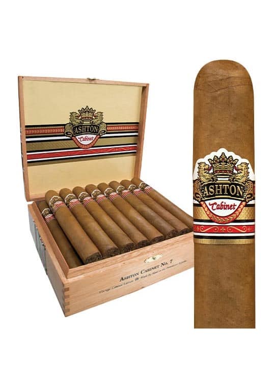 Ashton Cabinet Selection cigar featuring a smooth, golden Connecticut Shade wrapper with a classic white and gold band, resting elegantly on a wooden surface."