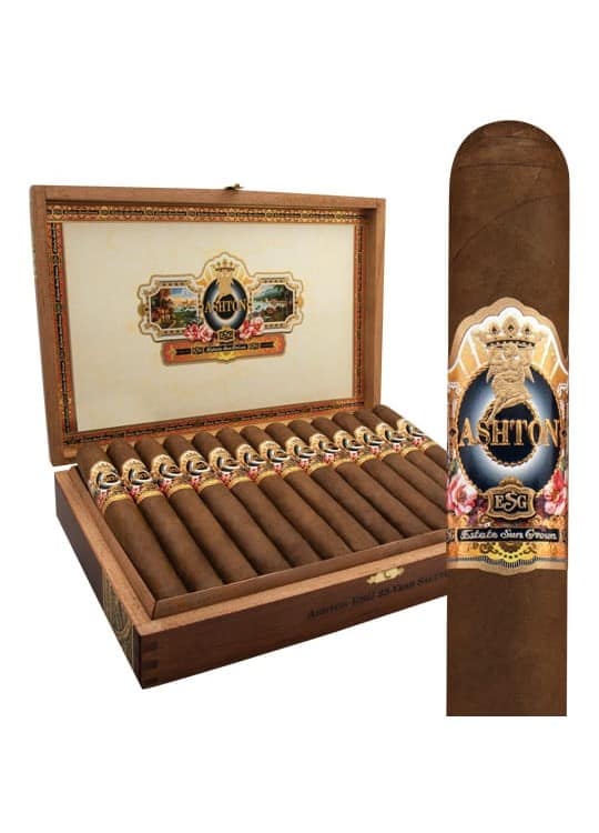 Open box of Ashton VSG cigars featuring bold, sun-grown Ecuadorian Sumatra-wrapped cigars with a dark, rich wrapper and elegant gold band, neatly arranged in a cedar-lined interior.