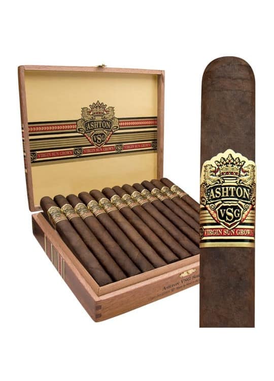 Open box of Ashton VSG cigars featuring bold, sun-grown Ecuadorian Sumatra-wrapped cigars with deep, rich colors and a premium band, neatly arranged in a cedar-lined interior."